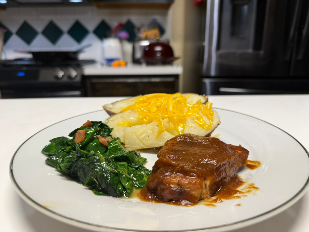 Apple Butter Pork Chop pork chop baked potato, great butter wilted spinach